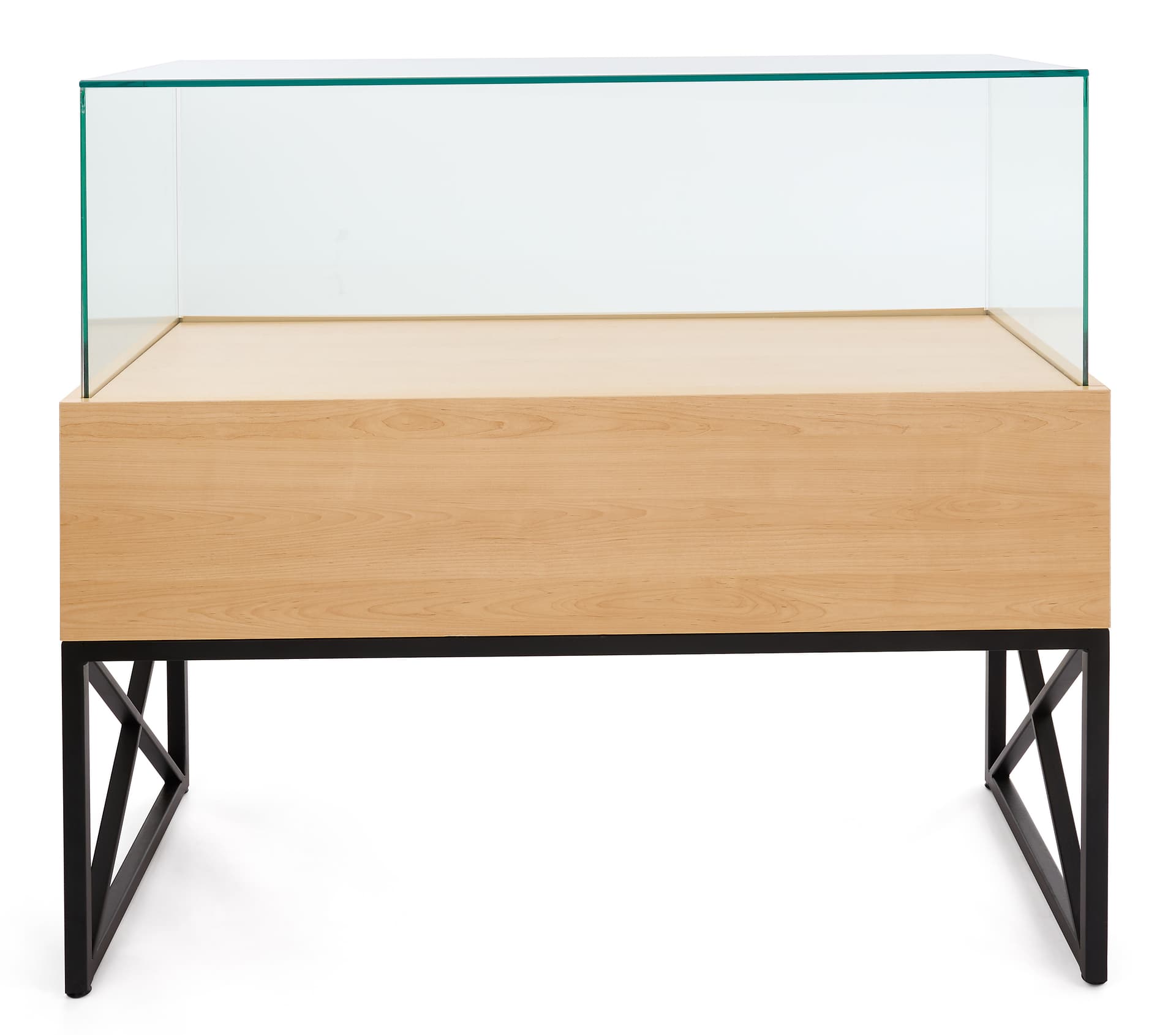 Glass display case with drawers with wood finish 