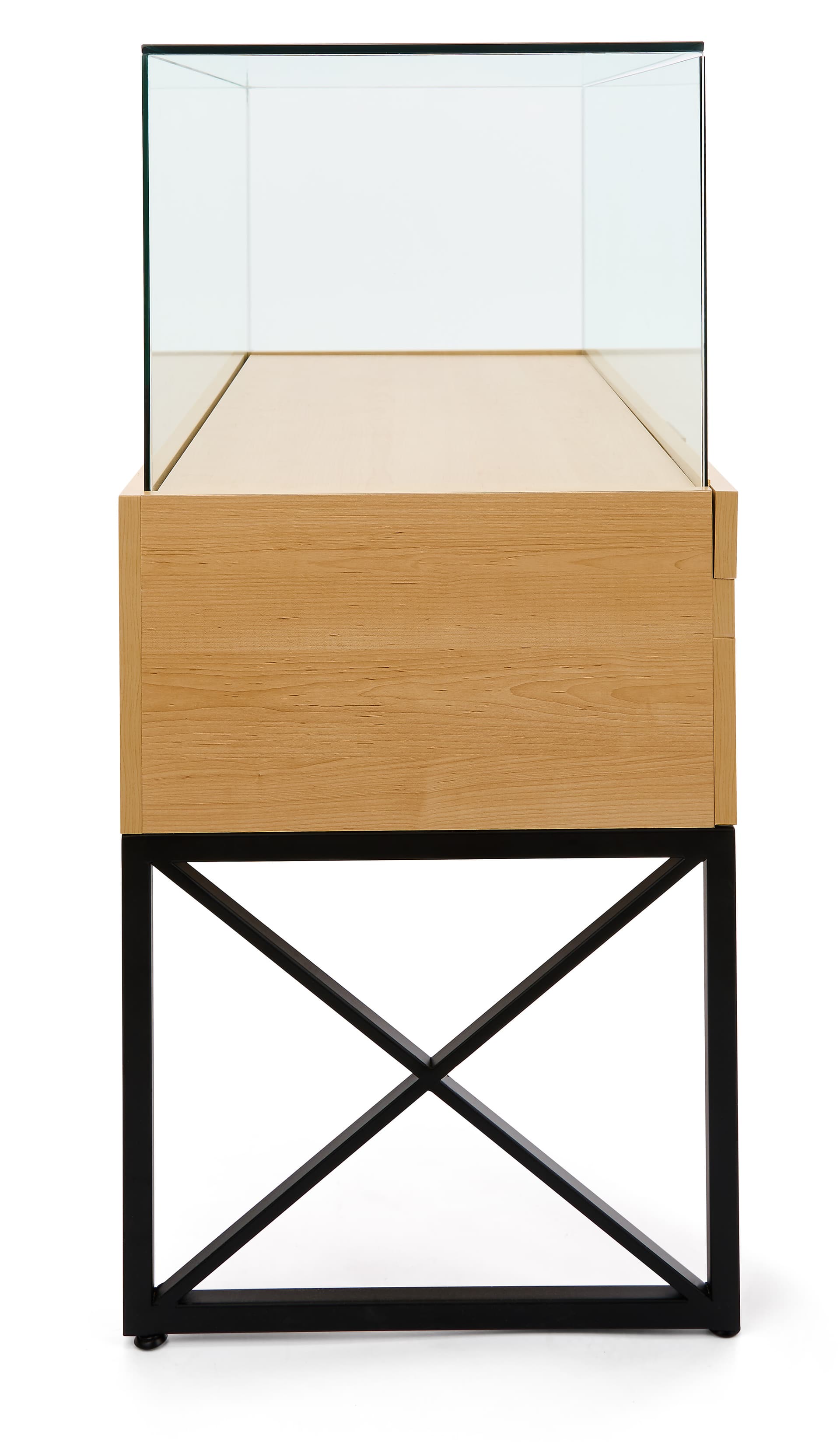 Glass display case with drawers with x-sided frame