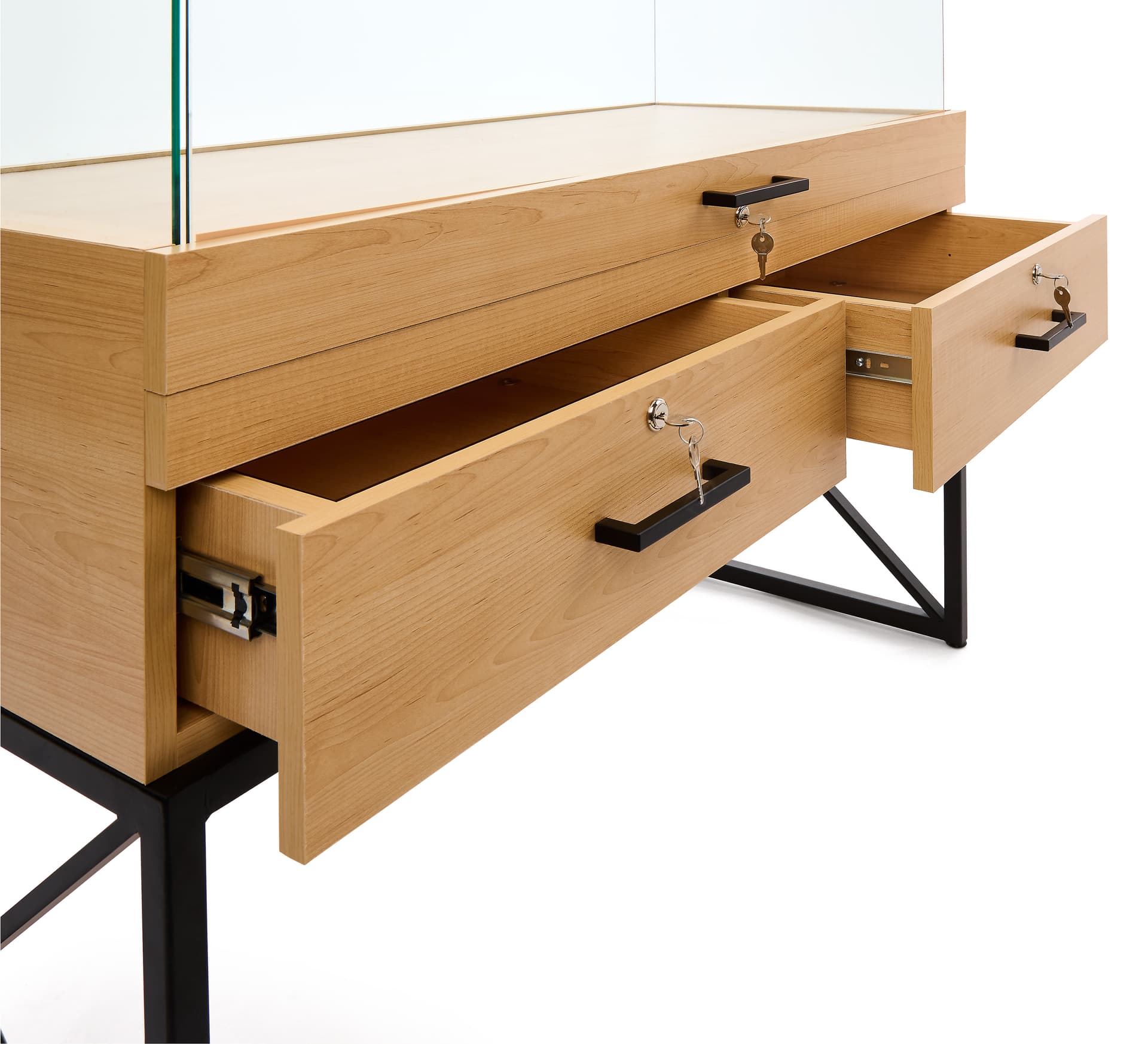 Glass display case with drawers with two locking drawers