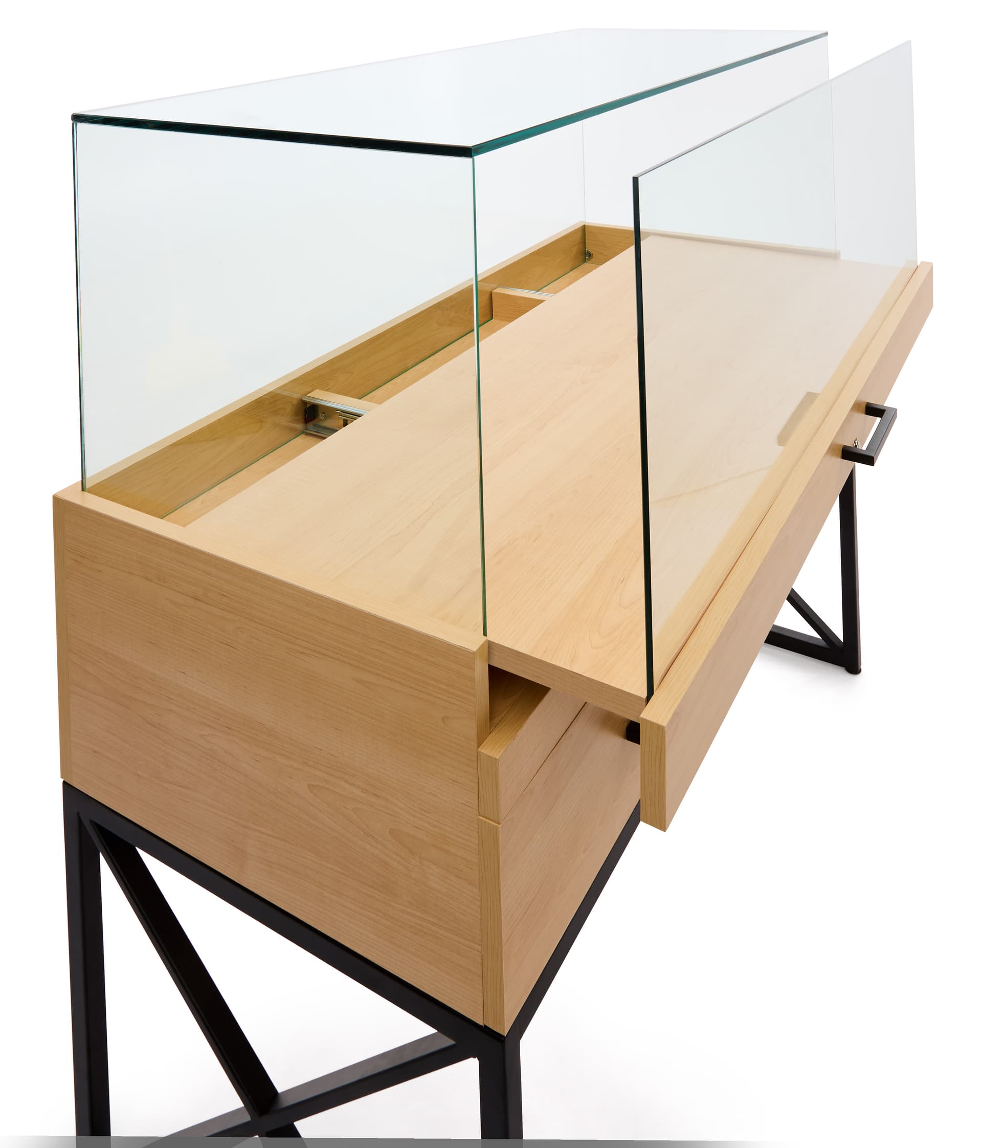 Glass display case with drawers with pull-out top deck