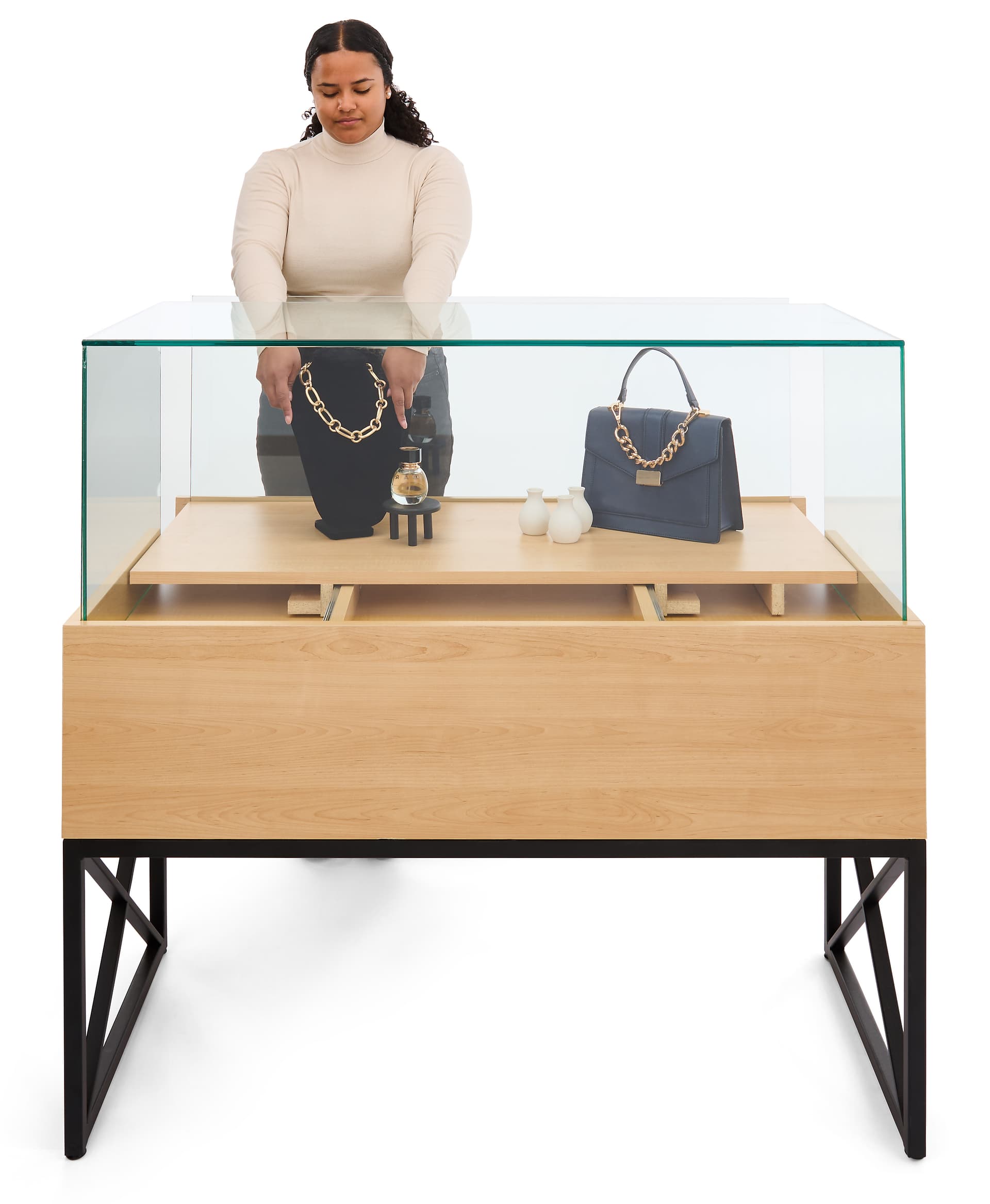 Glass display case with drawers and 15 inch shelf clearance 