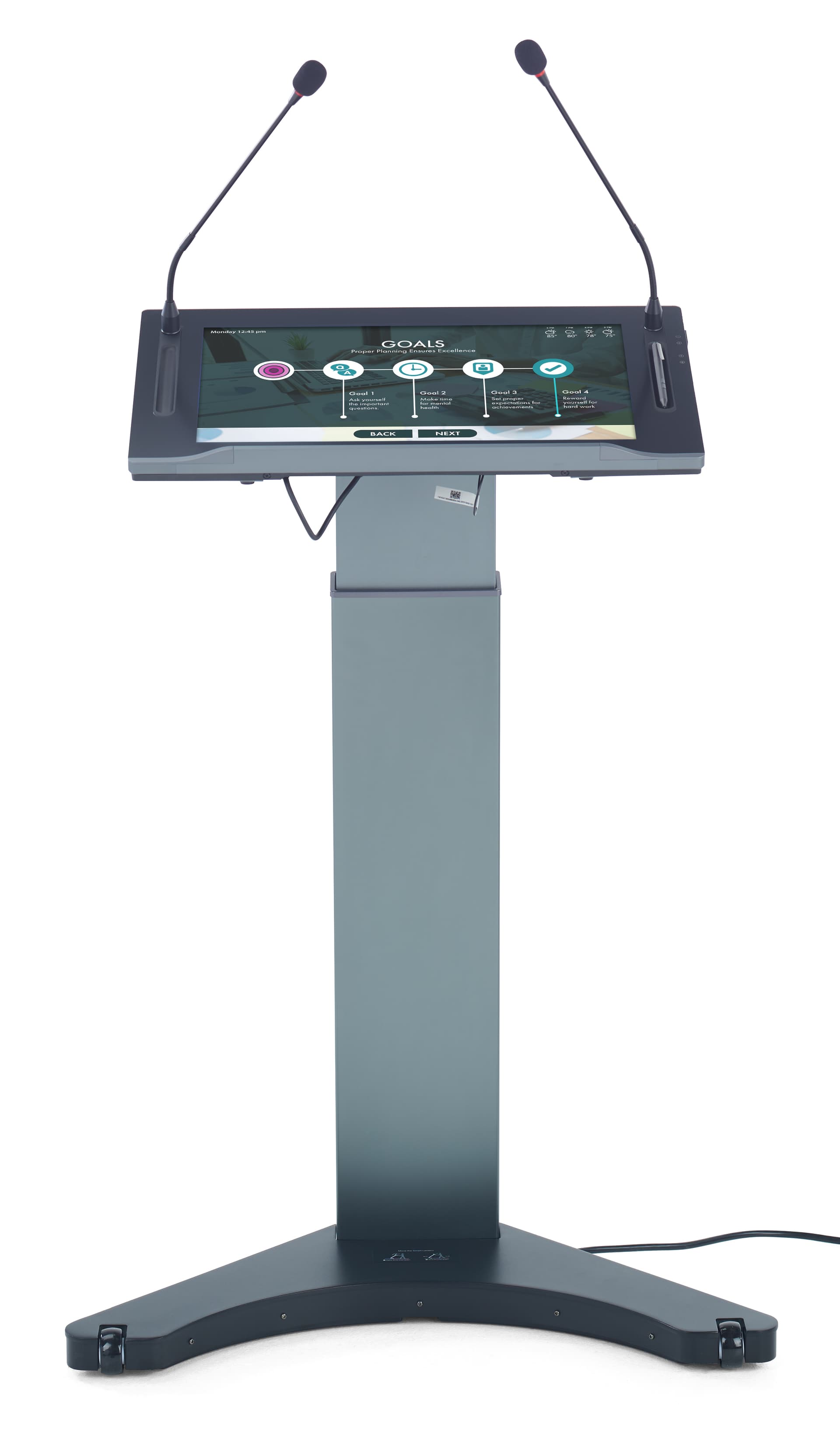 Smart digital podium showing the front of the unit displaying a company goals presentation