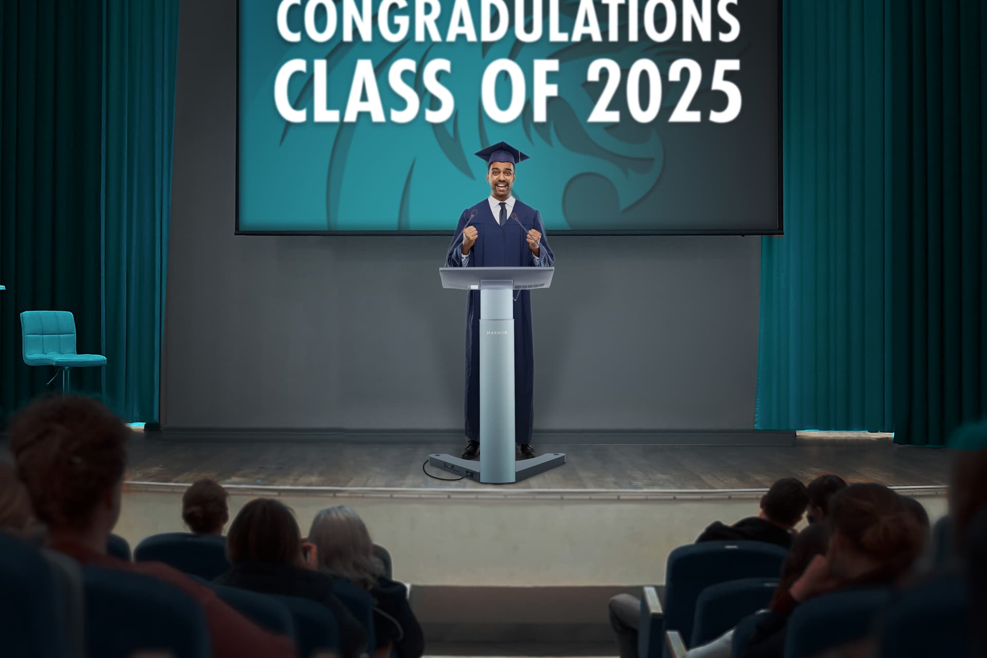 Smart digital podium showcasing a college graduate using the lectern while giving a speech