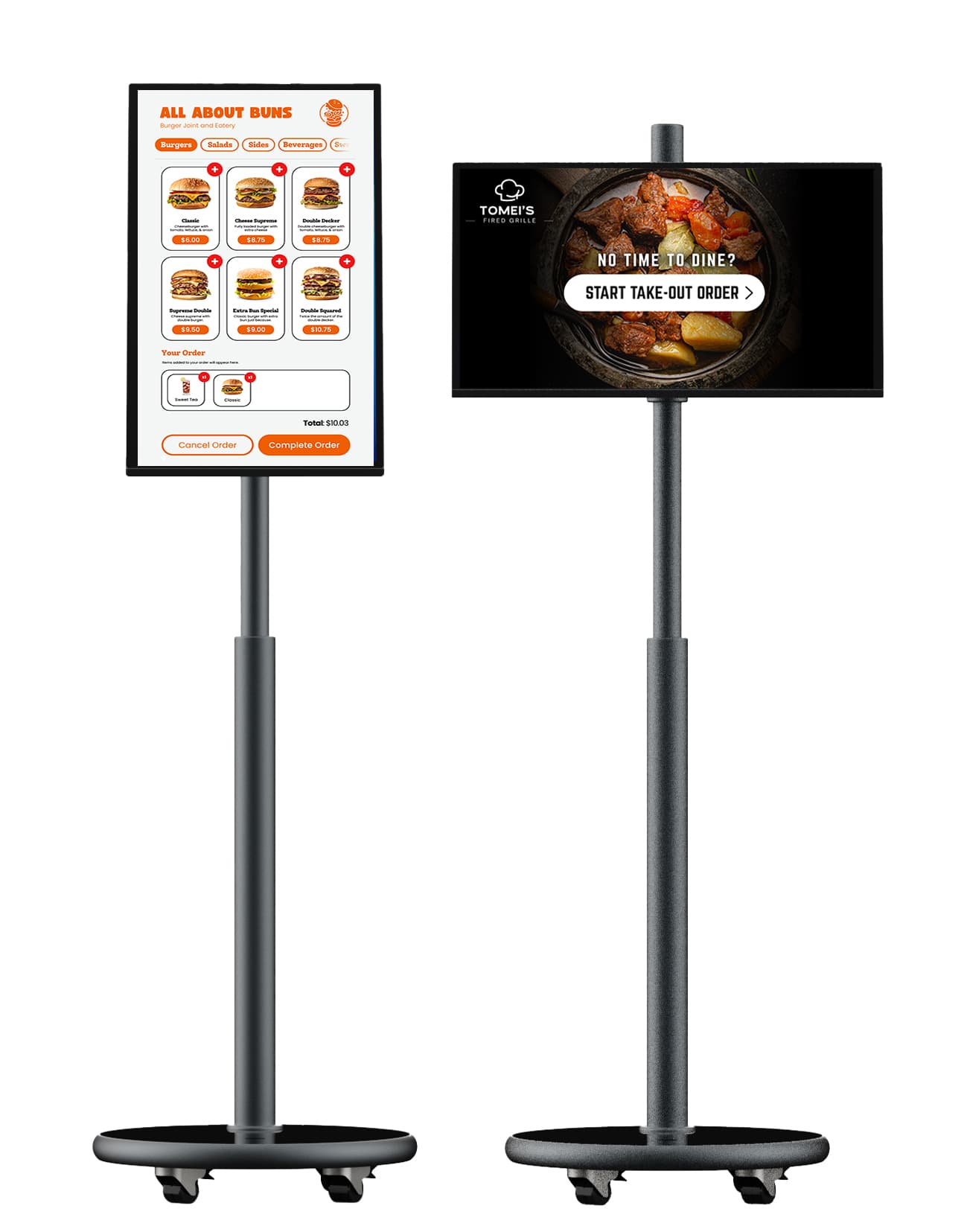 Mobile rechargeable kiosk with portrait and landscape orientation changes and built-in gyroscope for auto rotating content 