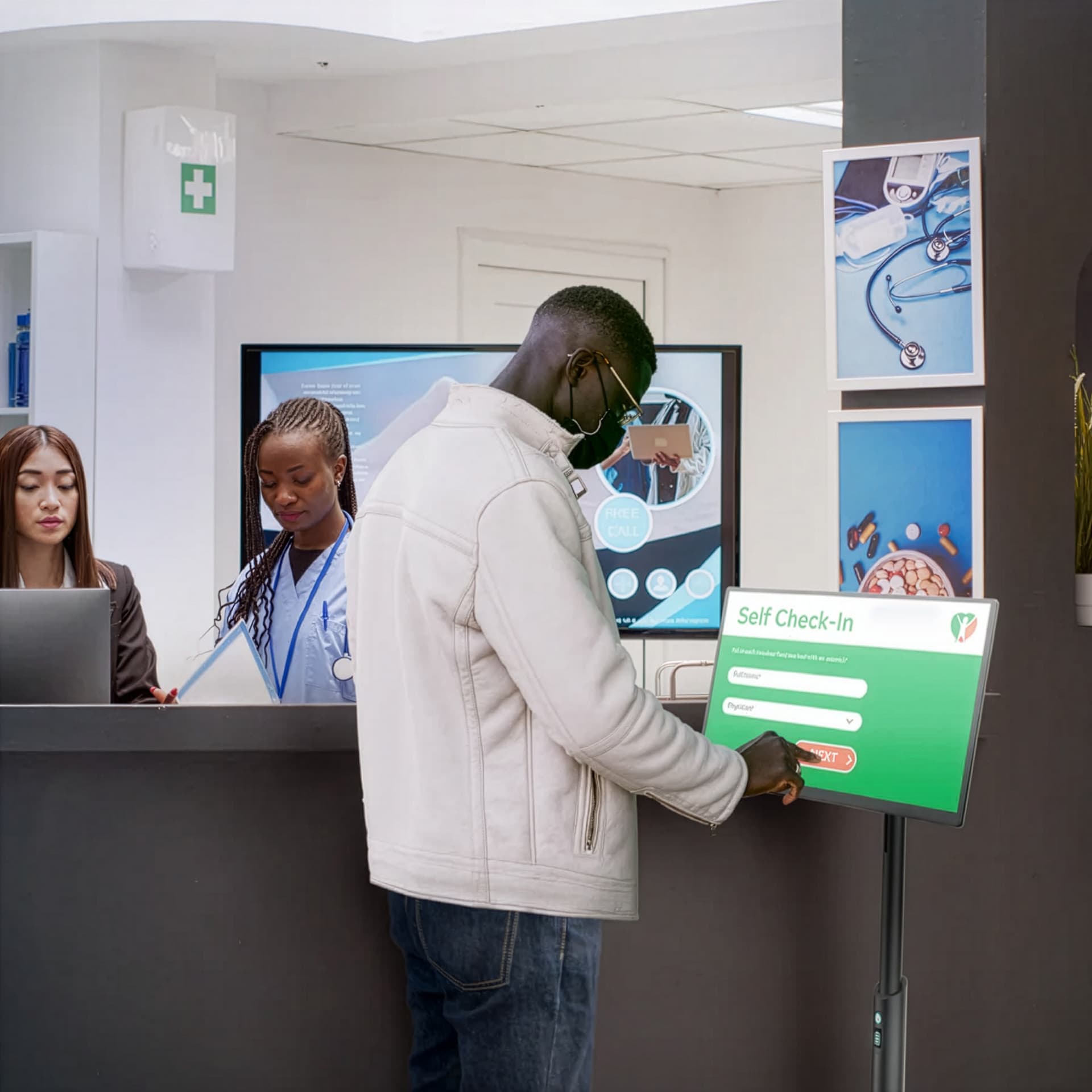 Mobile rechargeable kiosk showcasing someone using this unit as a healthcare sign in sheet