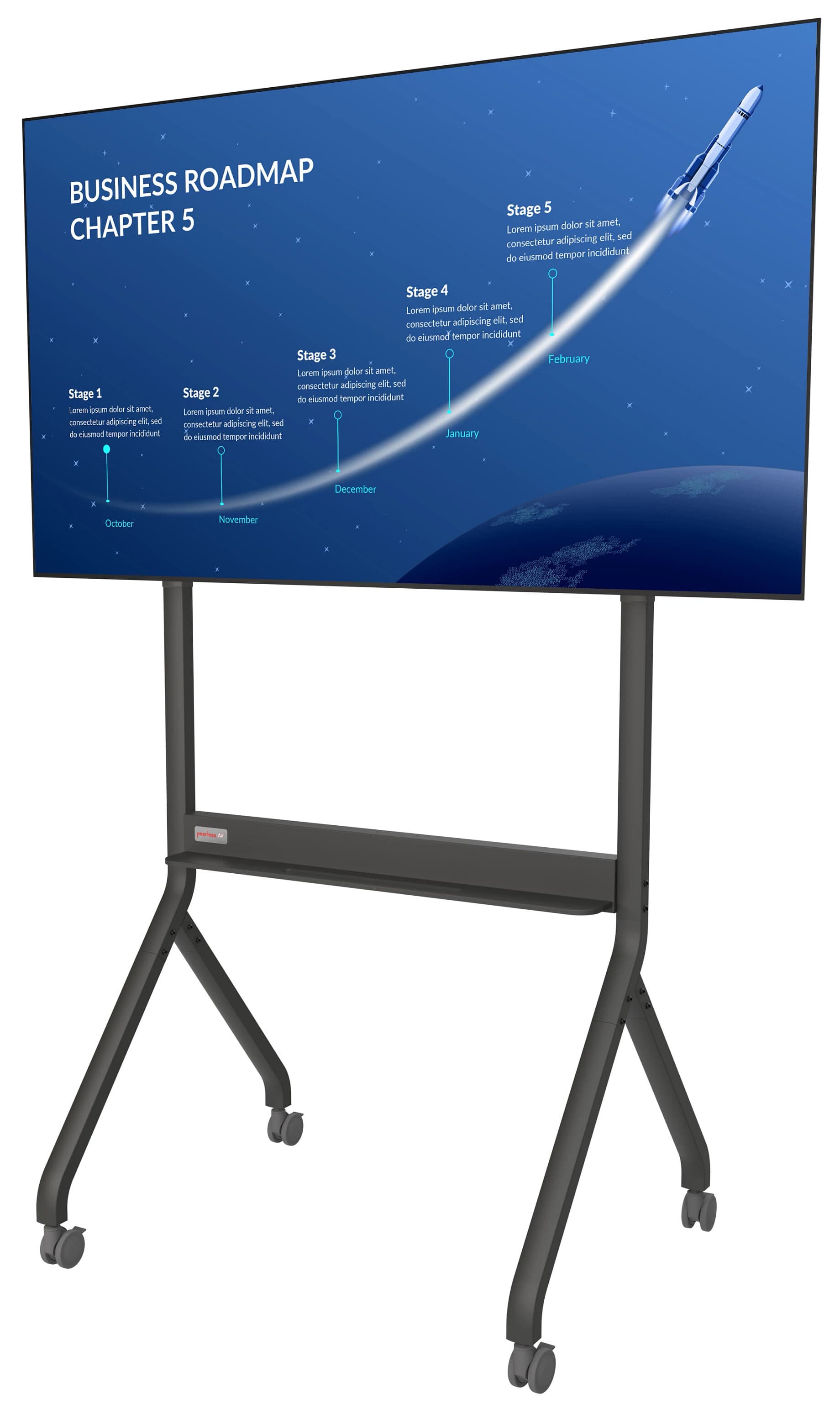 Motorized TV cart being shown with a monitor mounted and displaying a corporate roadmap