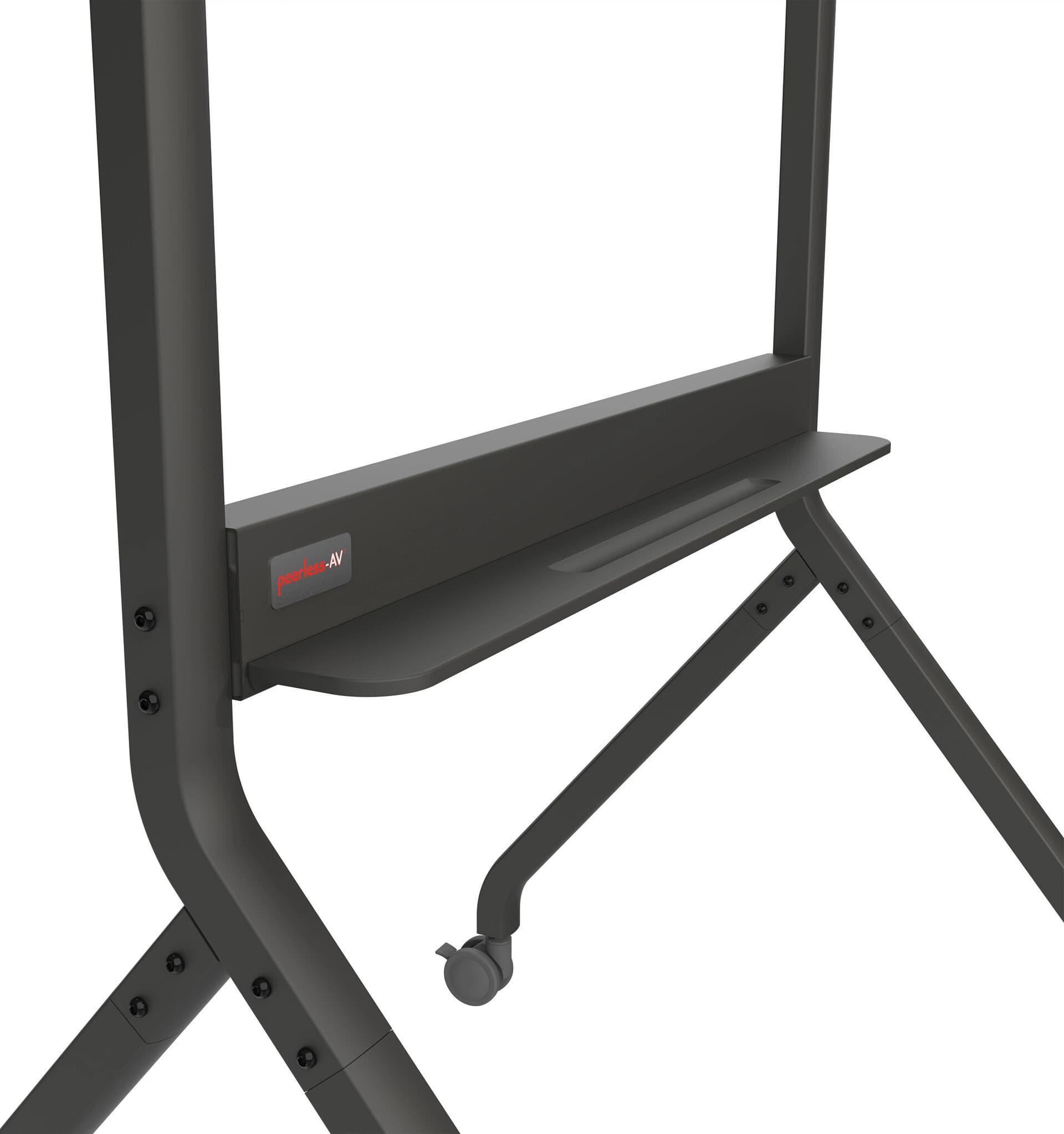 Motorized TV cart with a built-in shelf below the mounted monitor