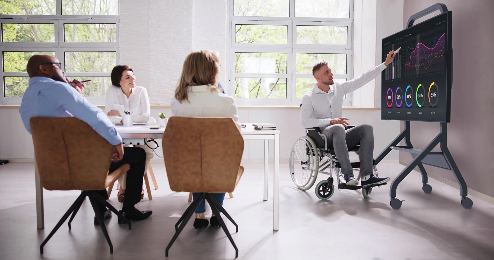 Rolling flat panel TV cart being utilized by someone in a wheelchair showing that it meeting ADA compliance standards