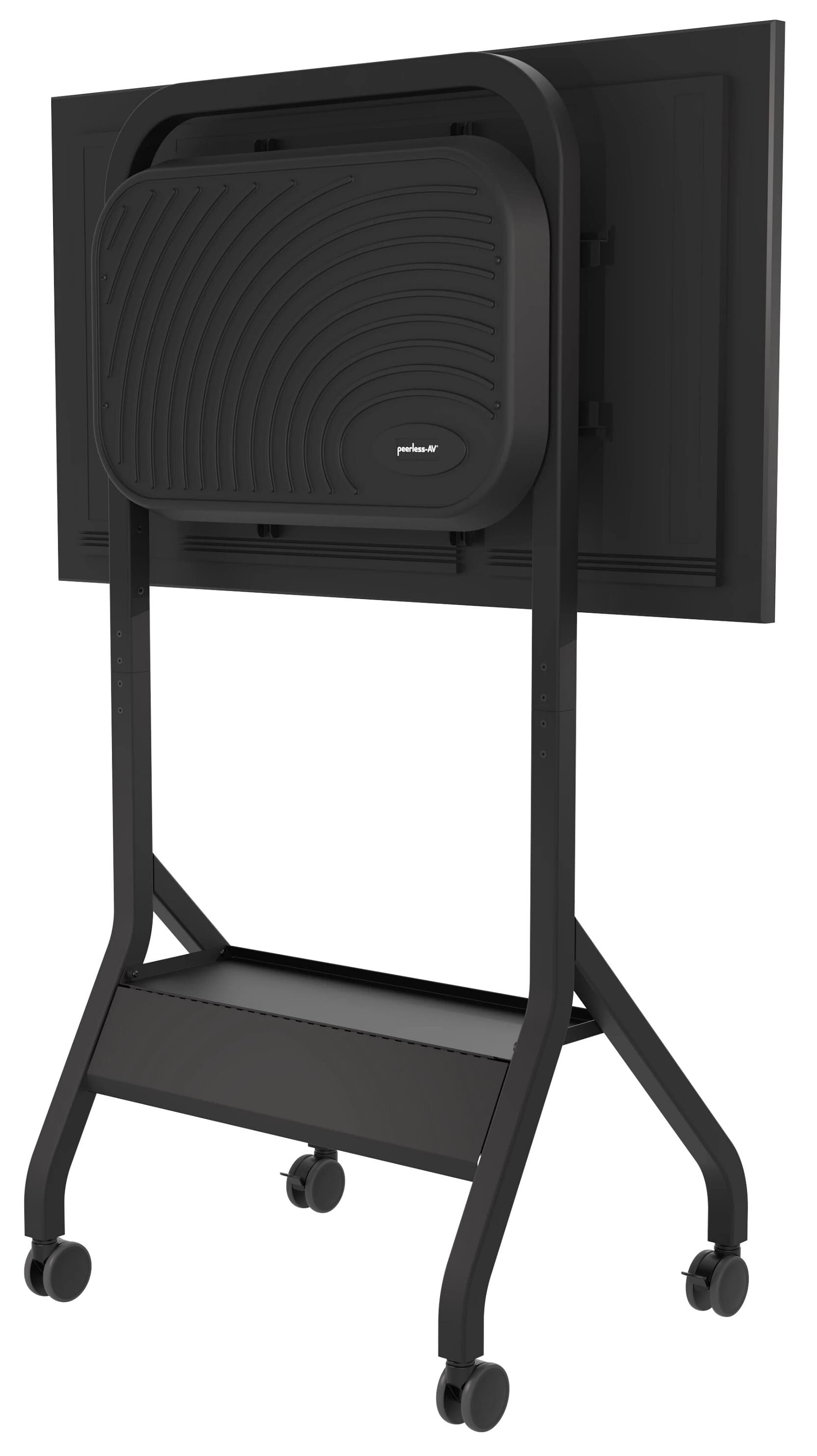 Rolling flat panel TV cart showing the back of the unit with a monitor mounted