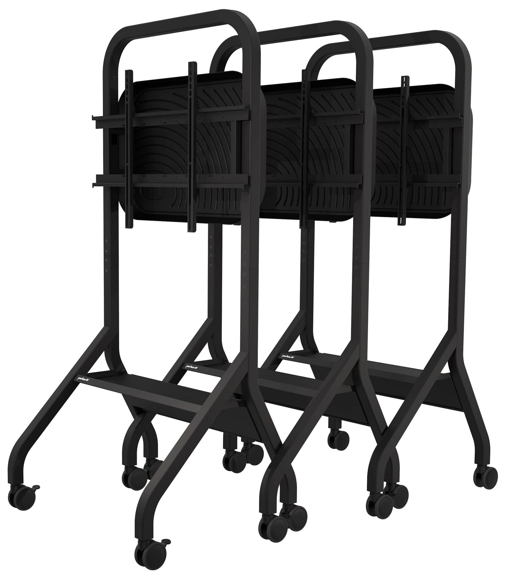 Rolling flat panel TV cart showcasing how well multiple stands can stack together when not in use