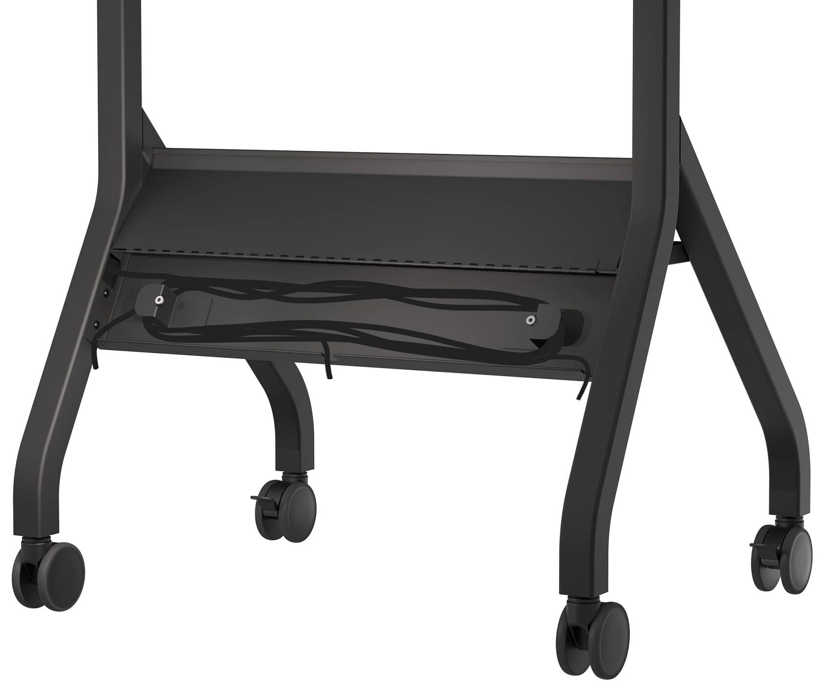 Rolling flat panel TV cart has wire channels that can be used to route and hide your power or media wiring without it being an eye sore