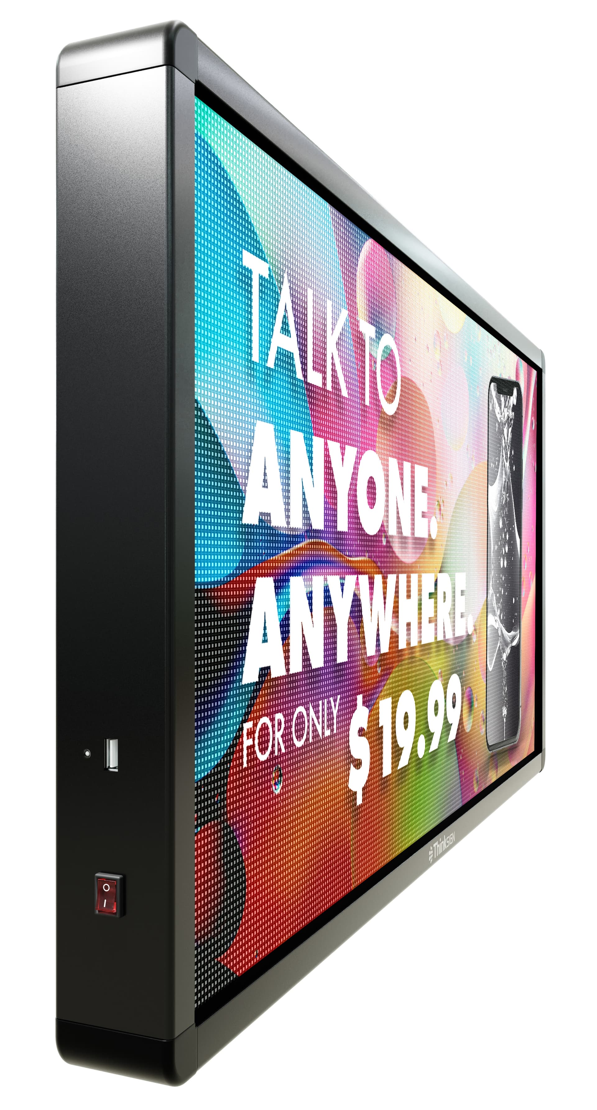 ThinkSign LED window sign exhibiting its sleek compact side angle