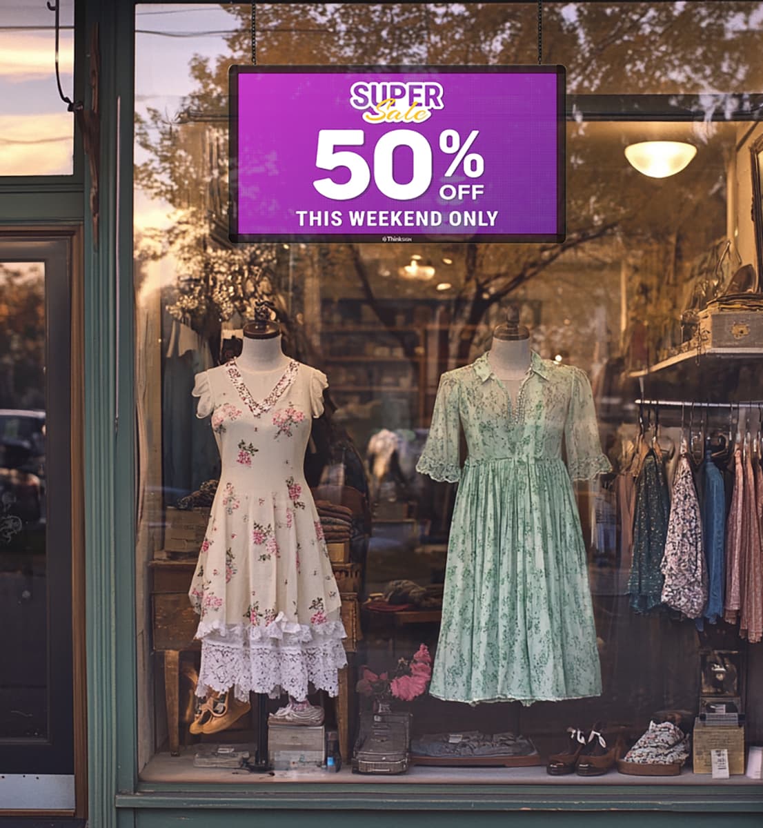 ThinkSign LED window sign with a hanging placement being utilized in a retail storefront window