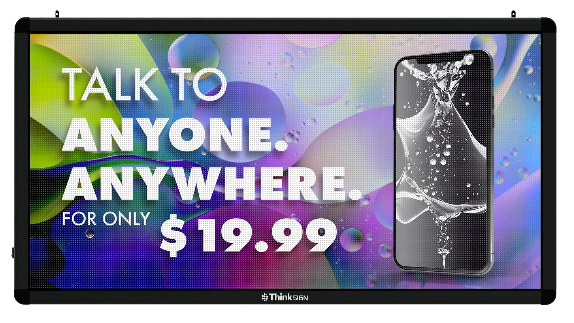 ThinkSign LED window sign showcasing a vibrant smart phone advertisement