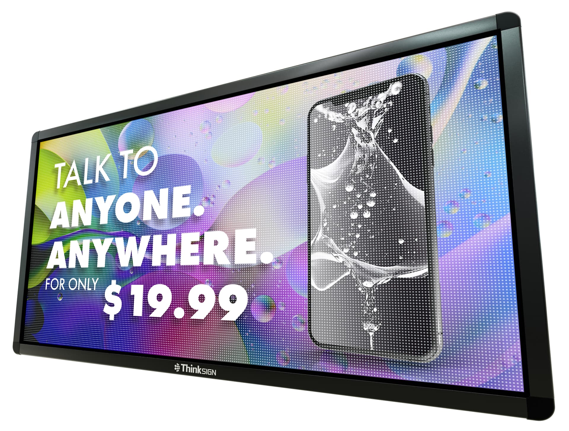 ThinkSign LED window sign showing a lower angle photo of the unit with a smart phone advertisement