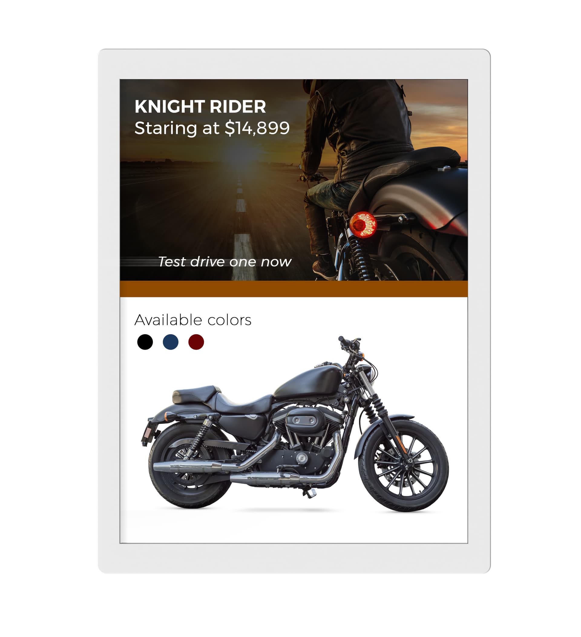 Digital signage ePaper showcasing a graphic of an promo for a motorcycle