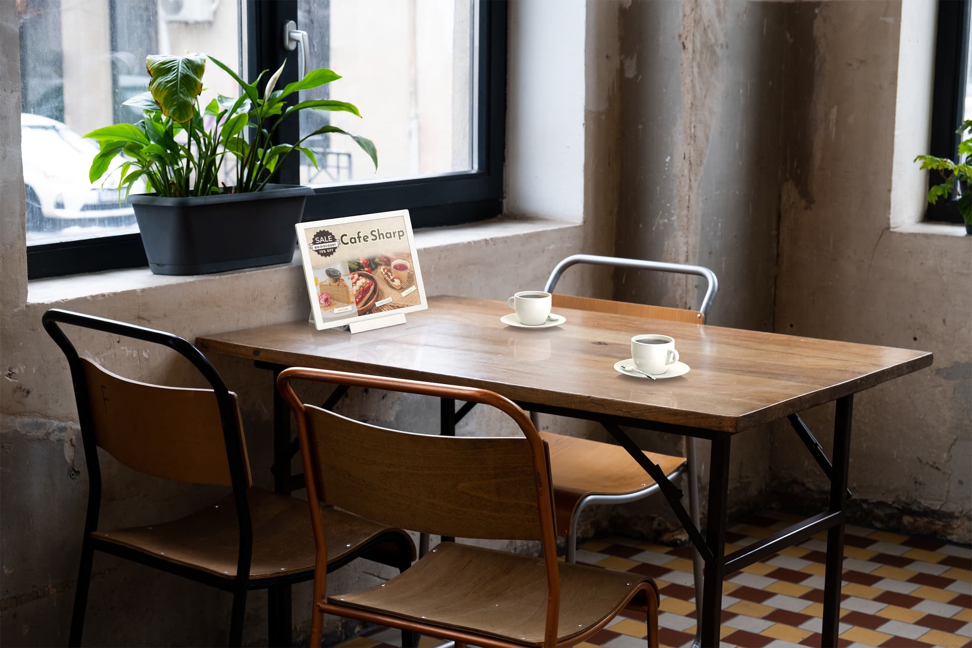 Digital signage ePaper being showcased in a cafe environment showing an ad for the cafe