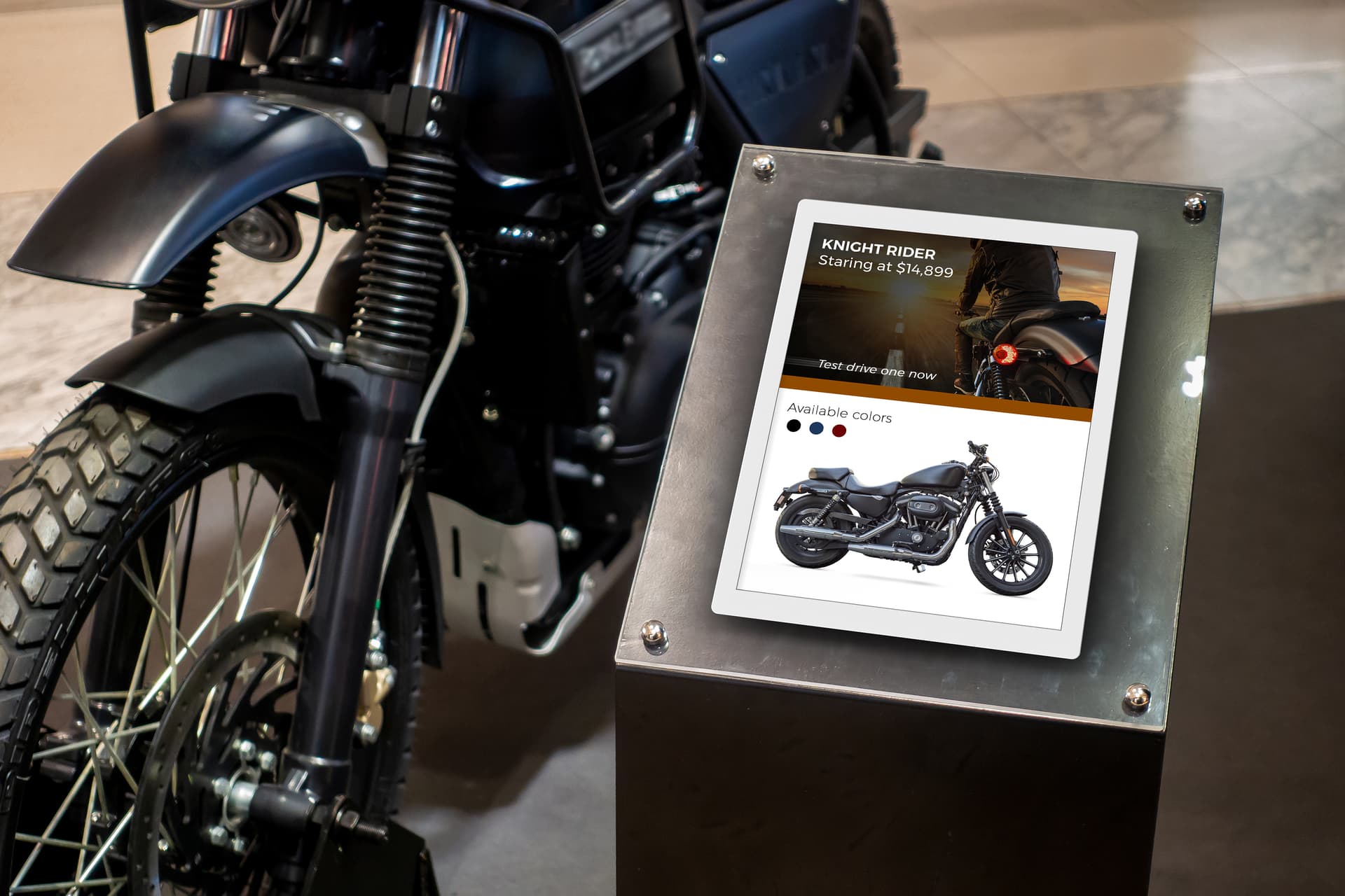 Digital signage ePaper being showcased in a showroom floor advertising a motorcycle