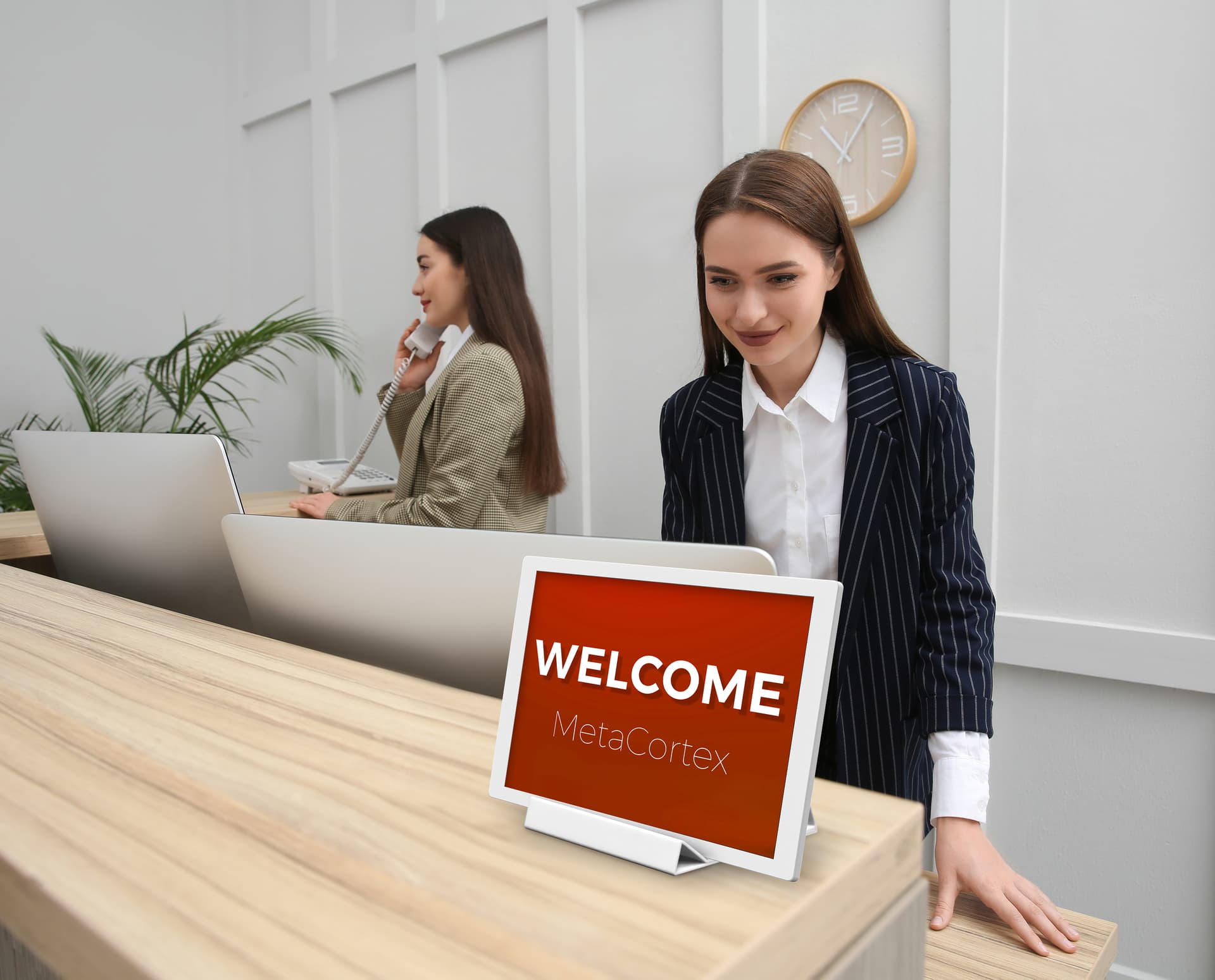 Digital signage ePaper being used as a welcome sign at a hotel check-in