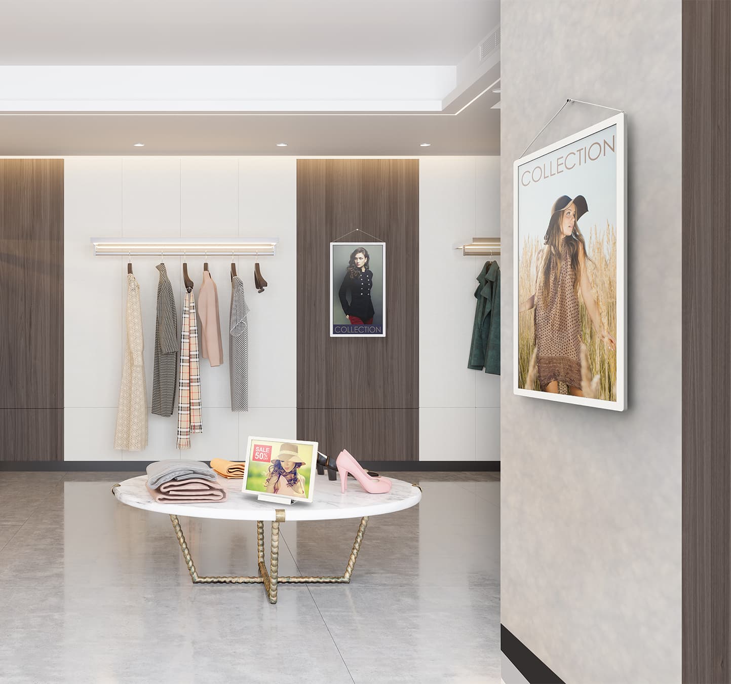 Digital signage ePaper being utilized in a retail store showing clothing promotional graphics