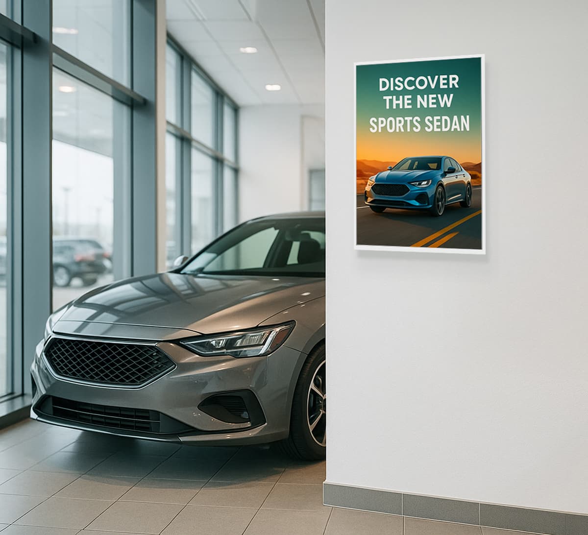 Digital signage ePaper being shown in a car dealership displaying graphics of car promotions