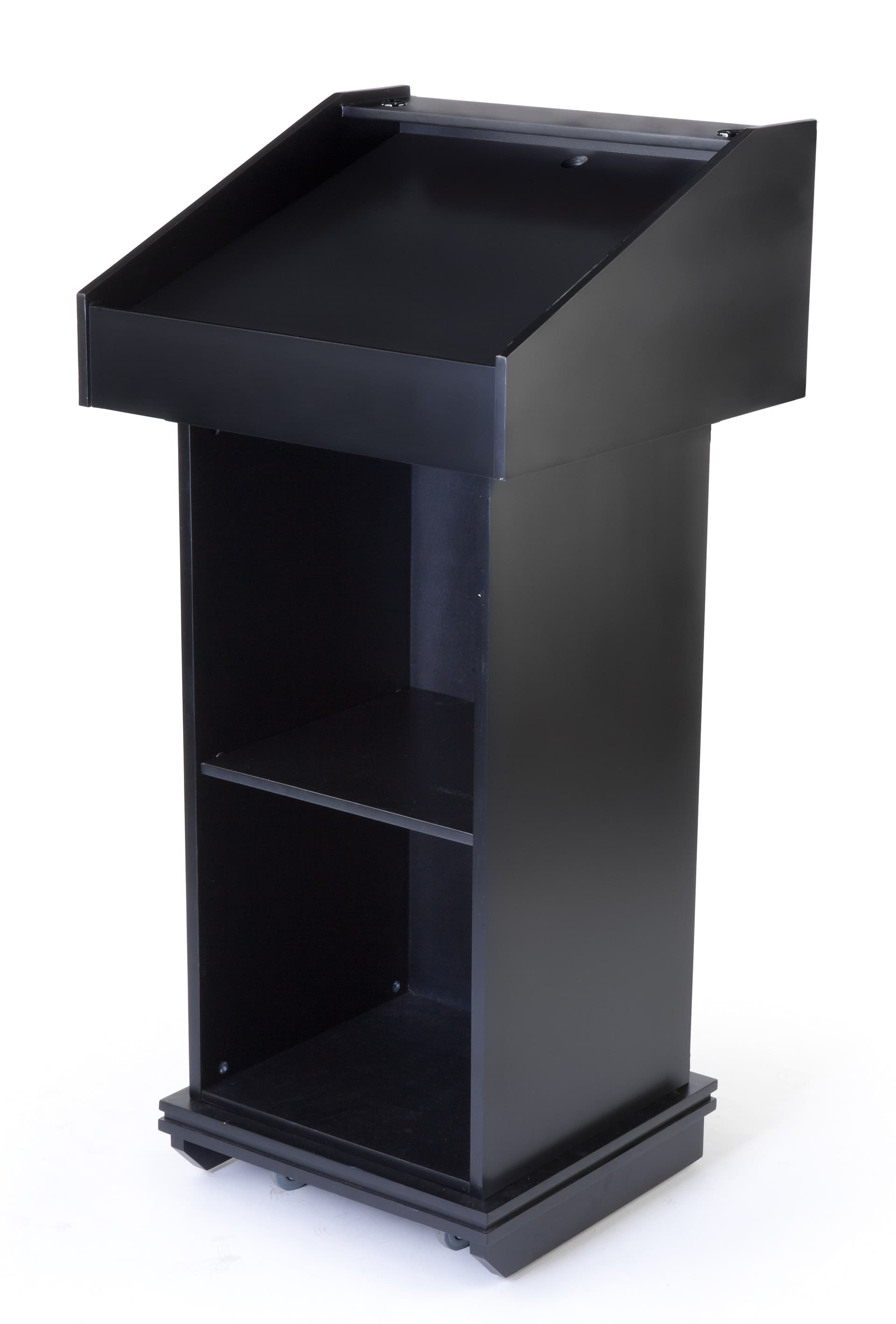 Black podium fixture with shelf and reading lip for materials 