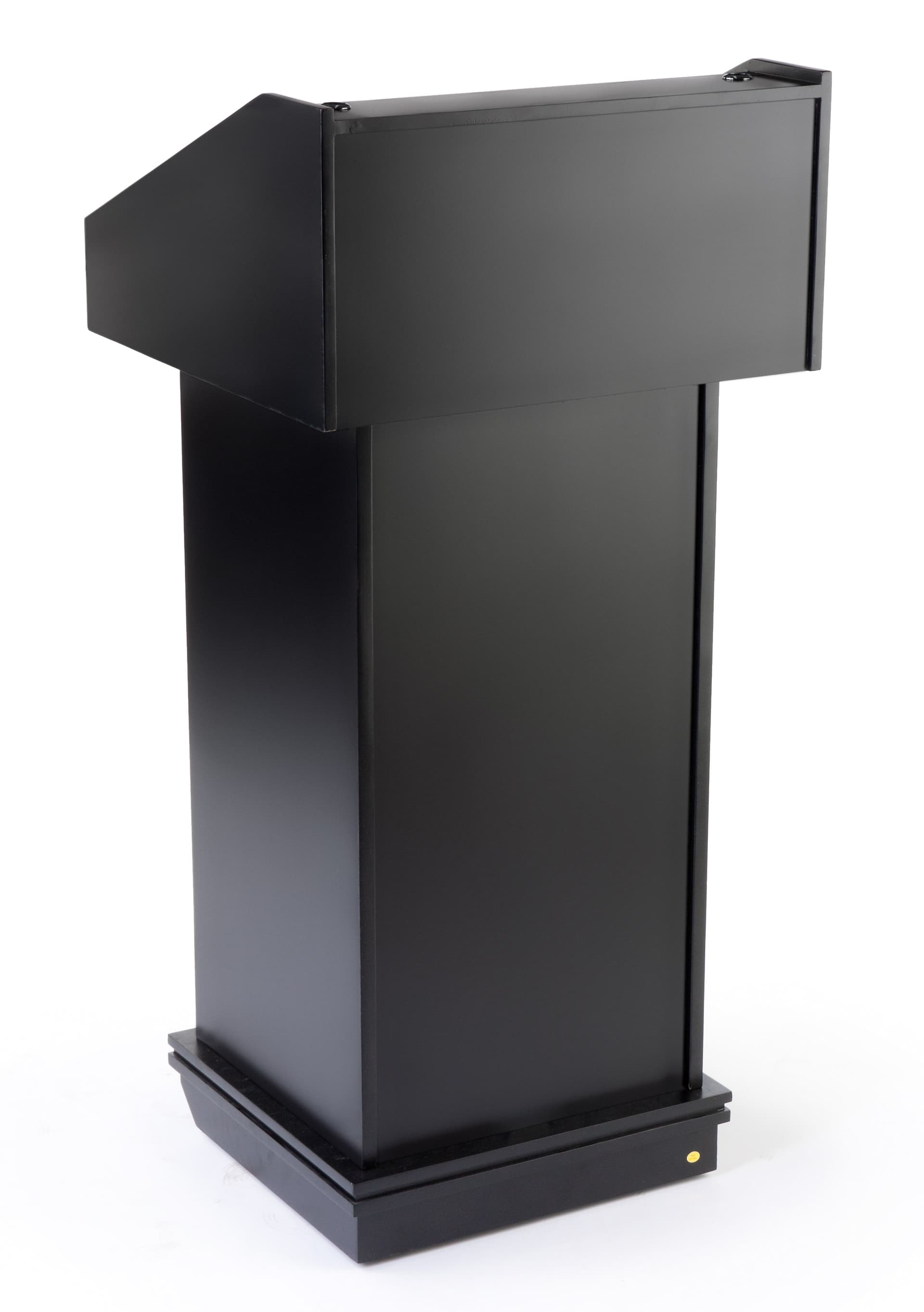 Convertible black podium fixture with hidden wheels