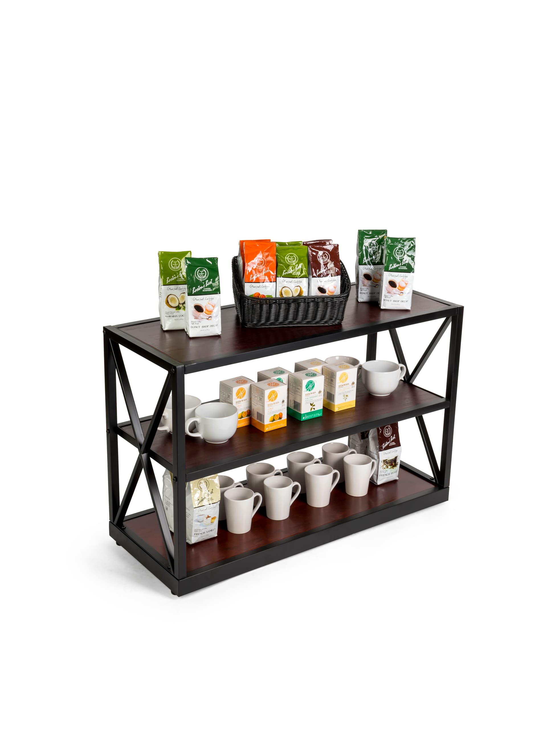 x-frame media bookshelf for café supplies and drinkware