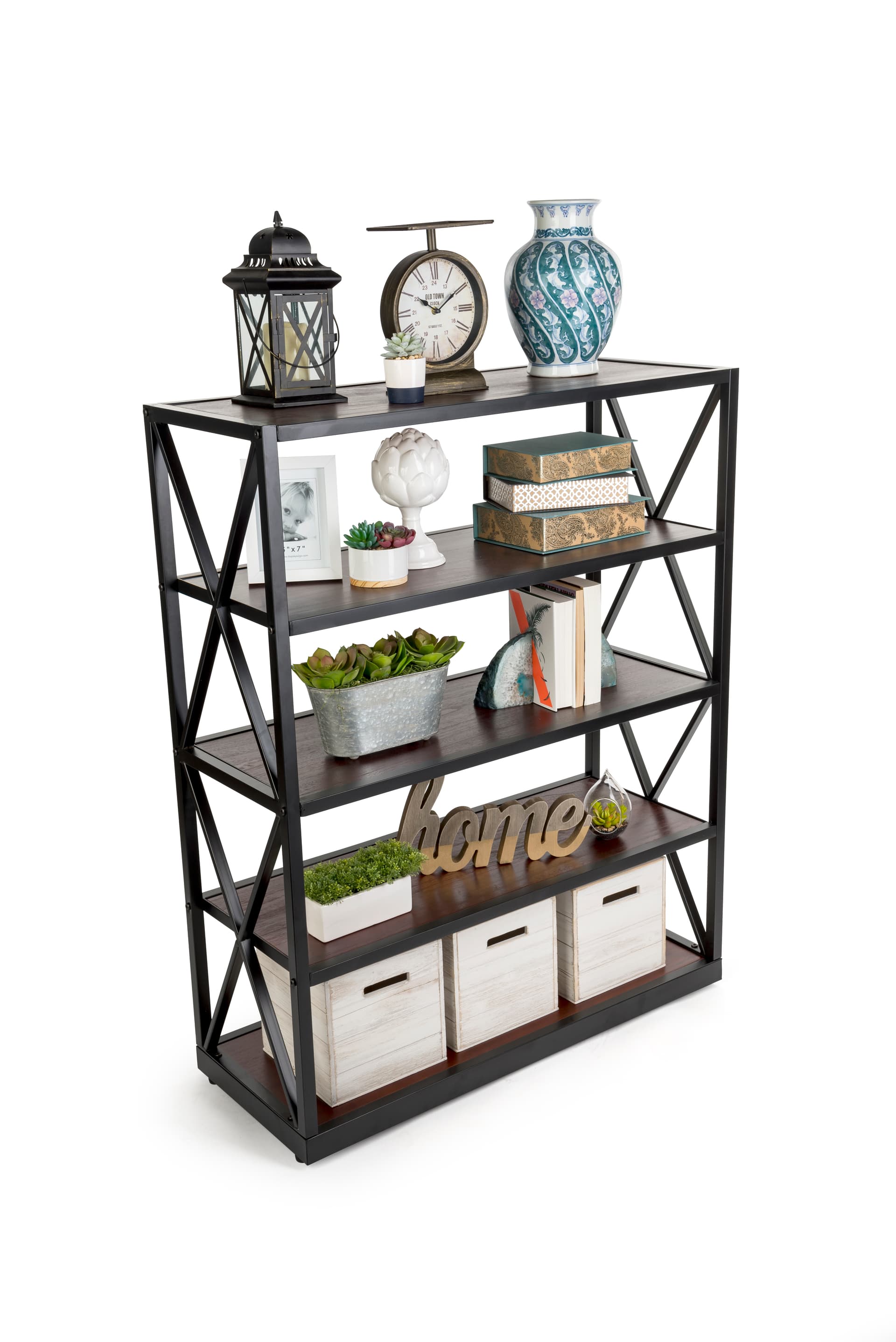 wood and metal display shelving with ample space