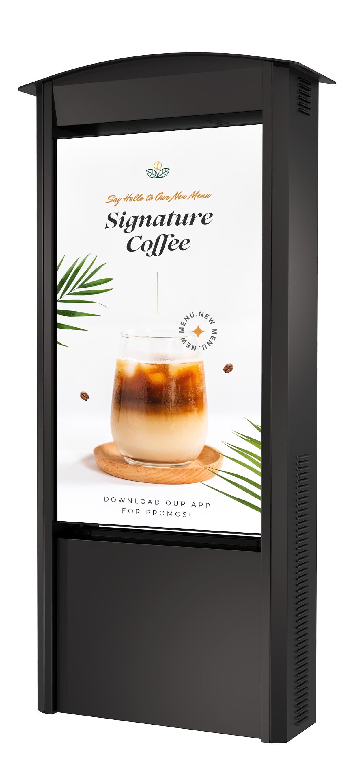 Outdoor digital signage display exhibiting a coffee shop advertisement 
