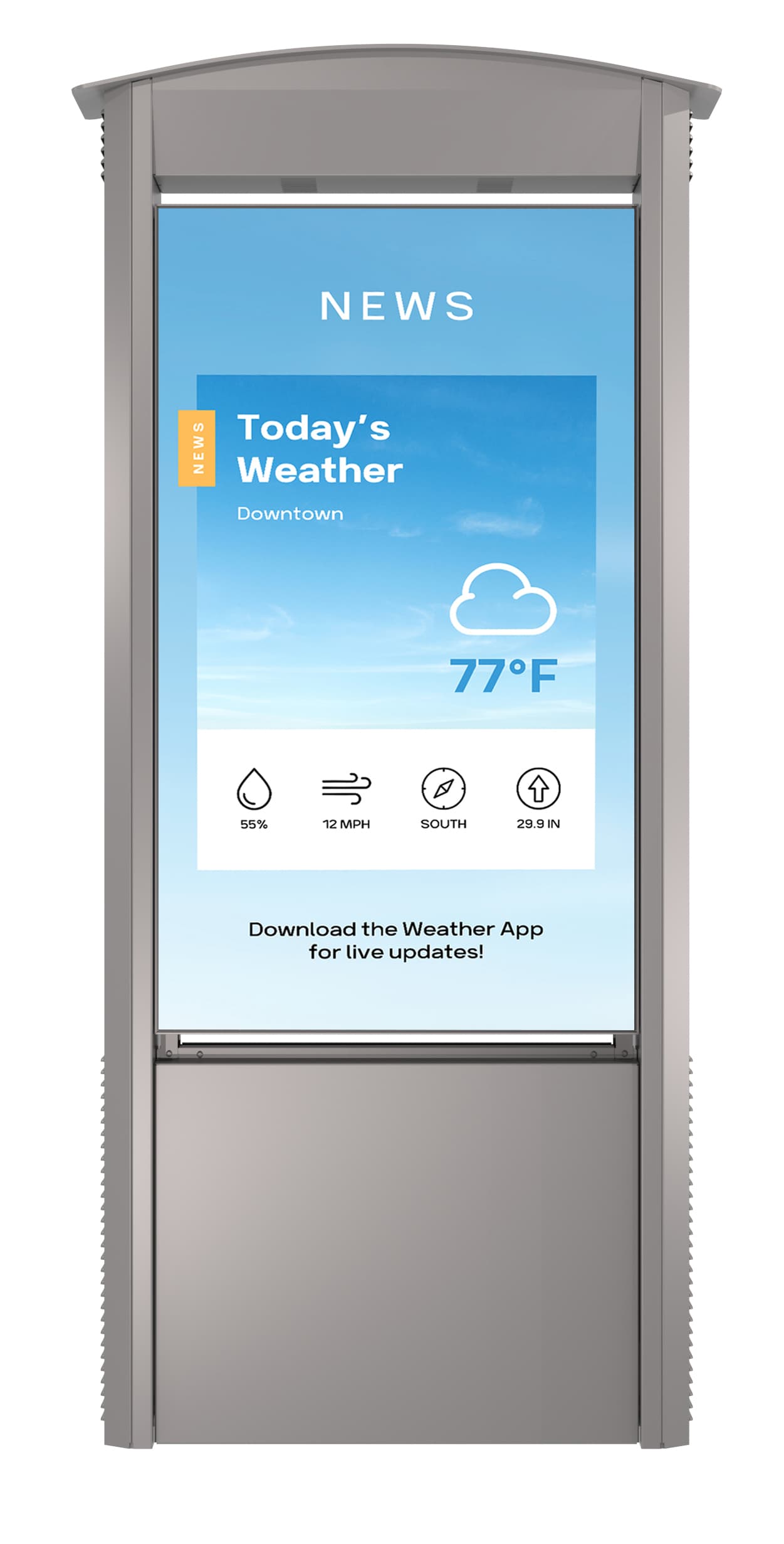Outdoor digital signage display showcasing a news and weather app