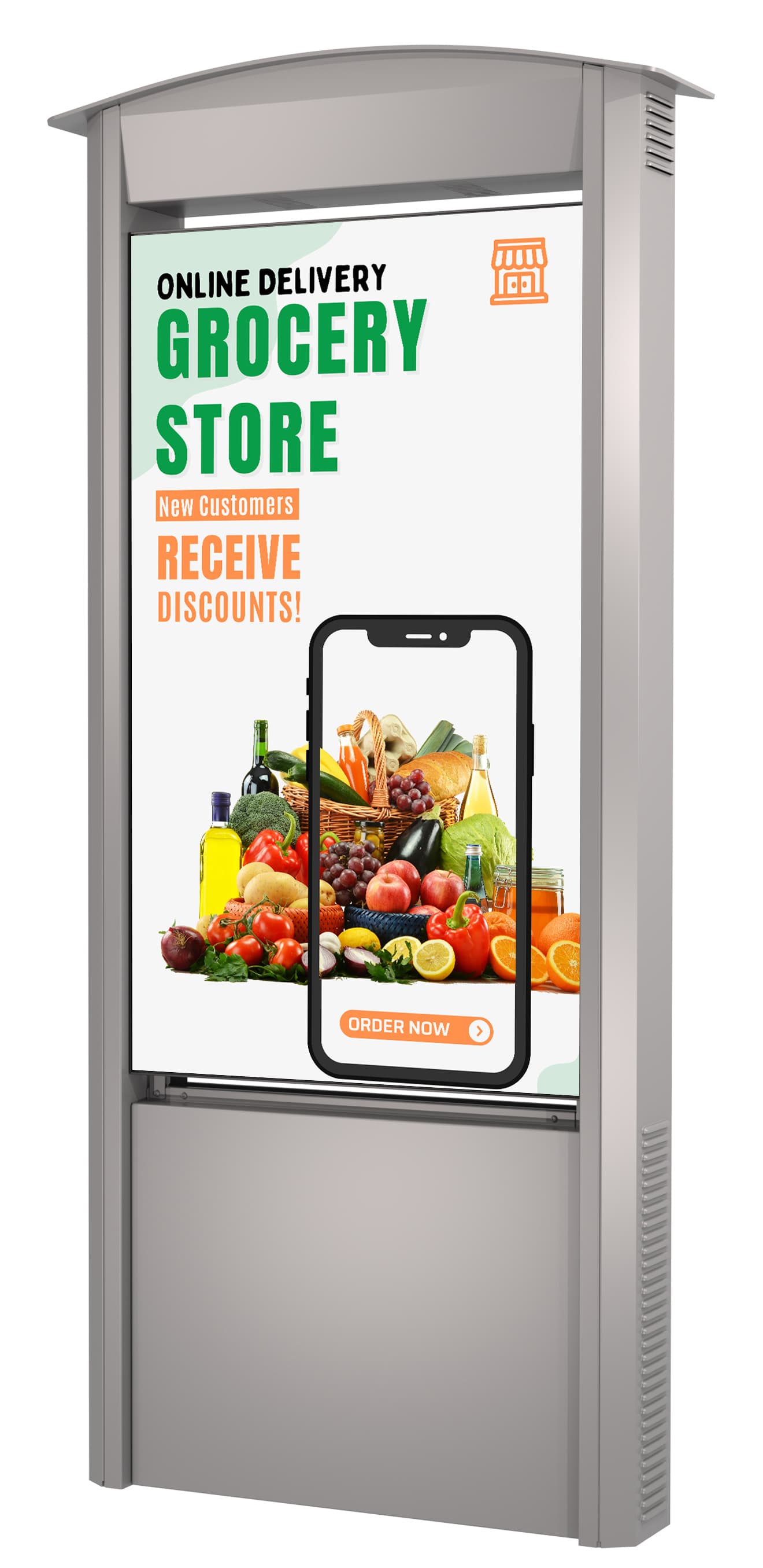 Outdoor digital signage display displaying a grocery store advertisement 