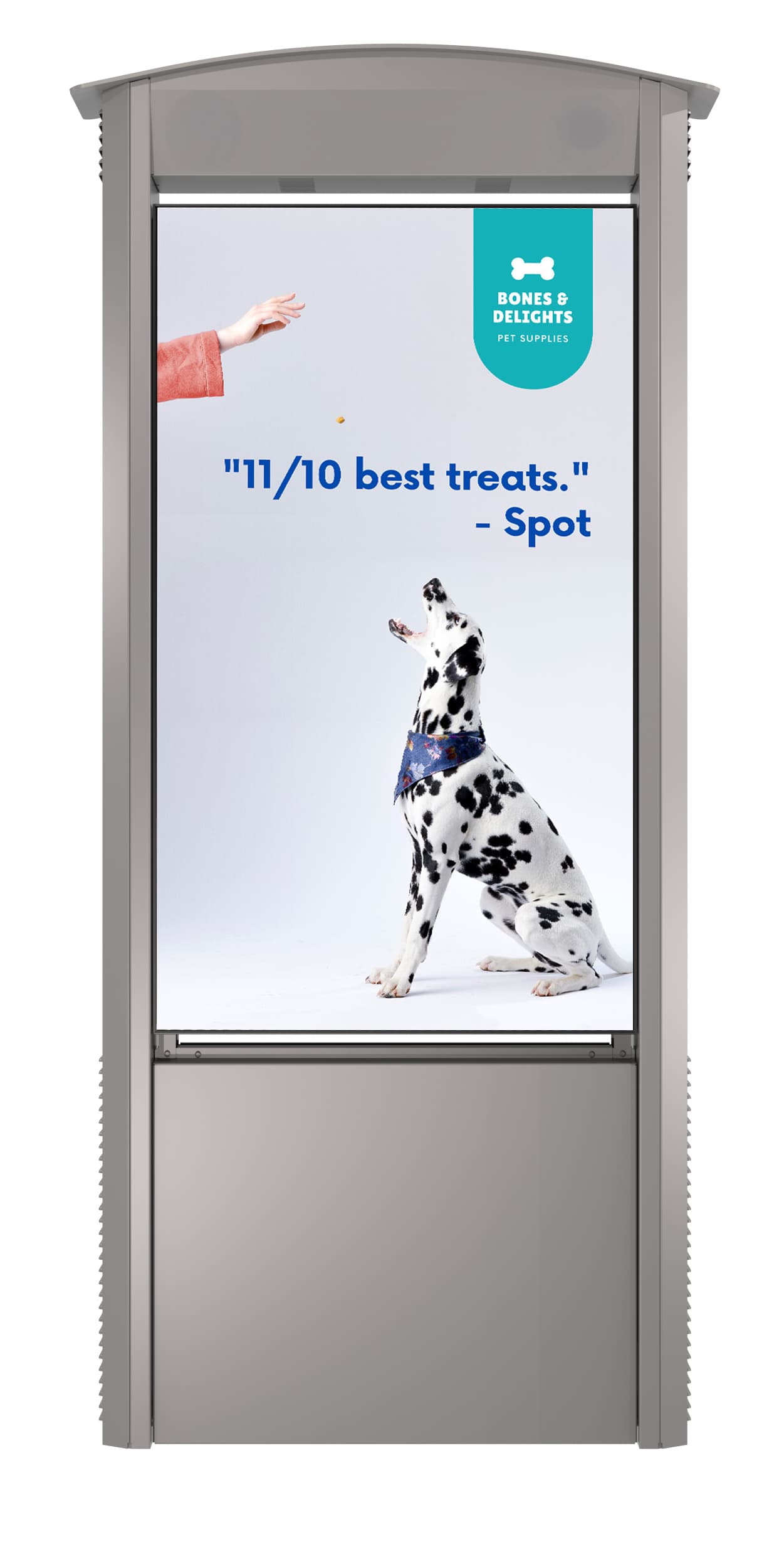 Outdoor digital kiosk showcasing an ad for a pet treat company