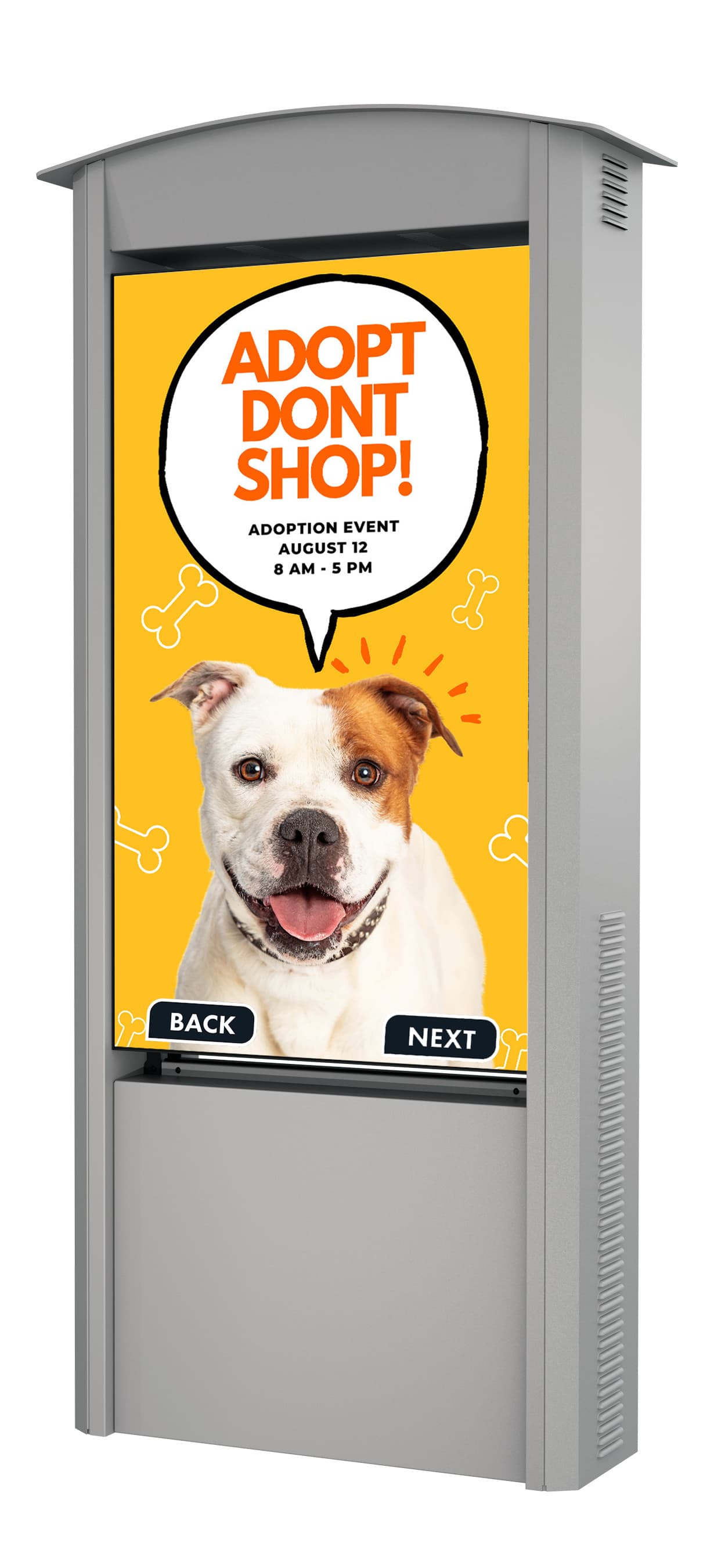 Outdoor digital signage display exhibiting an advertising for a dog adoption shelter
