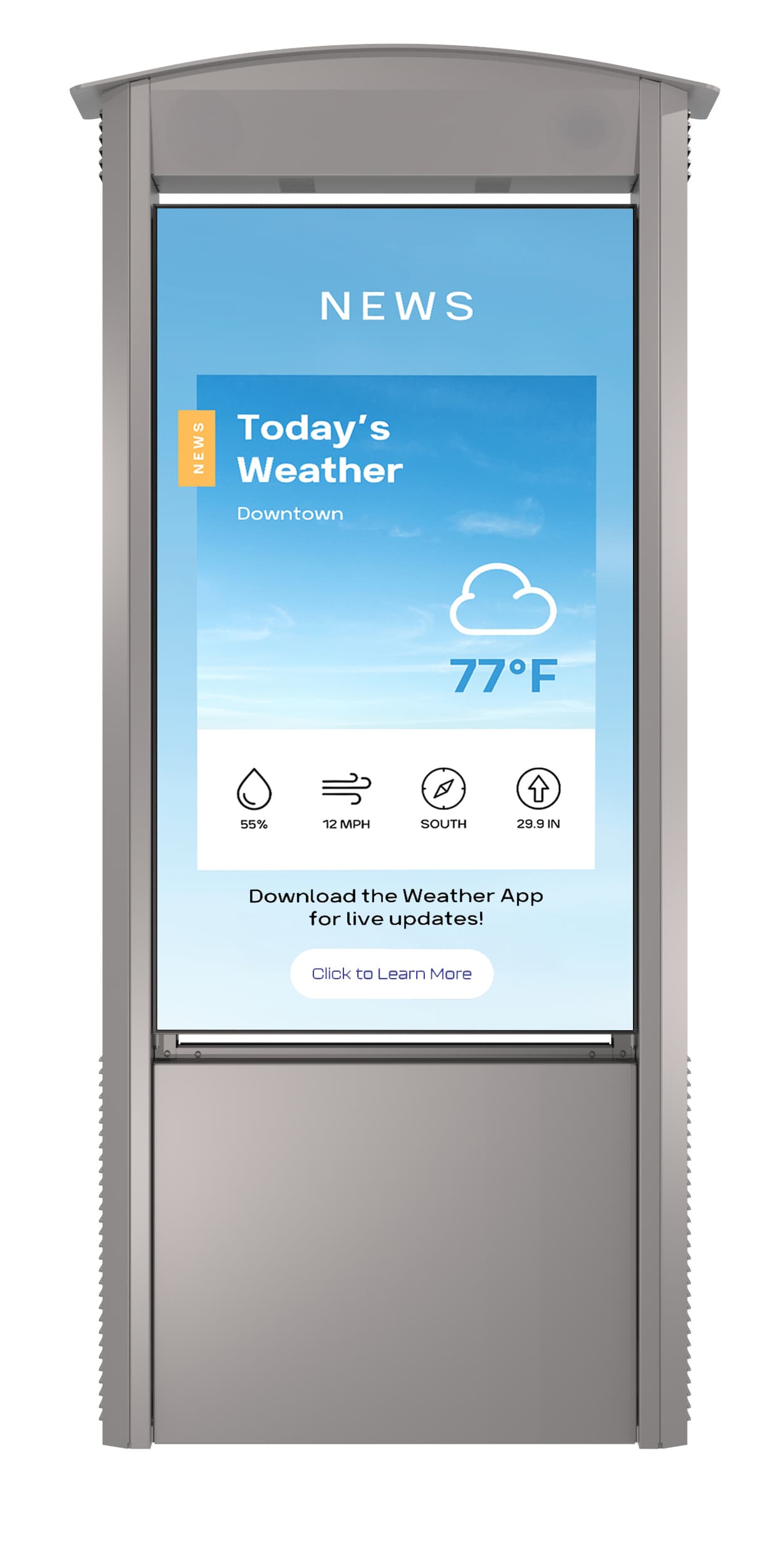 Outdoor digital kiosk exhibiting an interactive weather application
