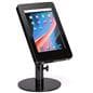 Black adjustable countertop iPad stand with powder-coated aluminum enclosure