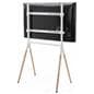 Adjustable mounting brackets included with modern sawhorse-style TV display stand