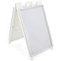 White snap open a-frame sidewalk sign with floor standing placement