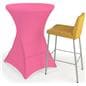 Pink round stretch table cover with overall height of 43 inches