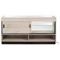 Wooden display showcase with open storage compartments