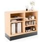 Flat top sales counter with open storage for stocking bags and other supplies