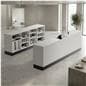 Flat top sales counter with open storage offers a seamless presentation when aligned next to other counters