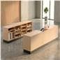 Recessed top sales counter with lockable storage shown as part of a large cash wrap configuration