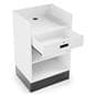 Register stand with recessed top offers cord management hole for hiding POS cables