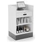 Register stand with recessed top provides ample storage space