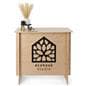 Custom-printed wooden display counter measures 40 inches wide 