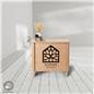Custom-printed wooden display counter measures 38 inches tall 