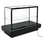 Illuminated display case​ showcasing the back of the unit where the power cable and glass door are located