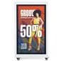 Checkout stand with digital display showcasing a retail advertisement for a 50% sale