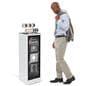 Pedestal display with digital sign with a customer shopping the display